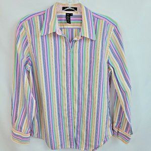 Lauren Ralph Lauren Petite M Dress Shirt Collared Button Up Oxford Stripe Cotton